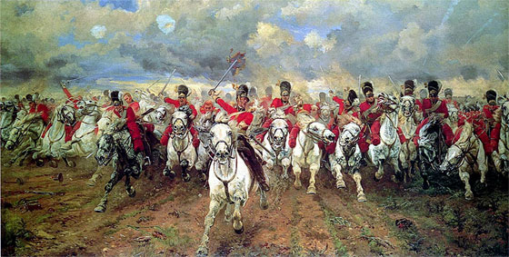 "Scotland for ever!"  Lady Butler's iconic picture of the Charge of the Royal Scots Greys, 2nd Dragoons, as part of the Union Brigade at the Battle of Waterloo.
