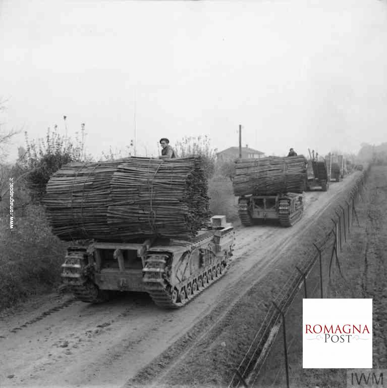 Churchill-AVREs-carrying-fascines-and-Churchill-ARKs-passing-through-Forli-9-November-1944