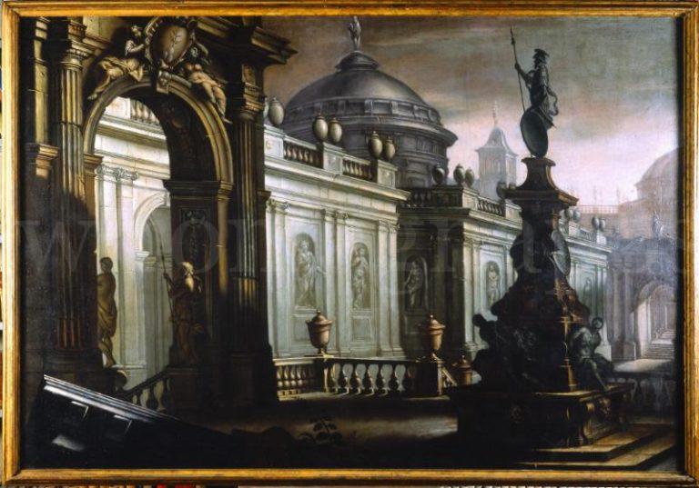 23-01-11-Collezioni-classensi-Quadreria-Prospettiva-con-arco-palazzi-e-monumento-Cesare-Pronti