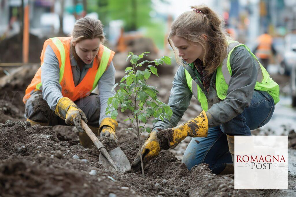 City workers planting trees after depaving urban streets in a community revitalization effort