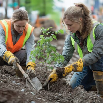 City workers planting trees after depaving urban streets in a community revitalization effort