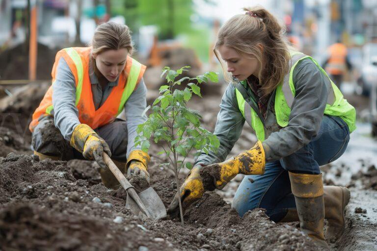 City workers planting trees after depaving urban streets in a community revitalization effort