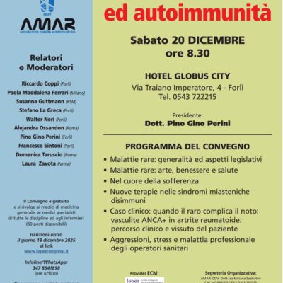 Sabato 20 dicembre 2025 alle ore 8,30 presso l'hotel Globus City a Forlì si terrà il 13' Convegno pubblico sulle Malattie Rare