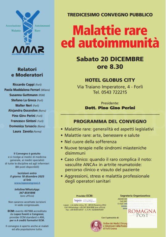 Sabato 20 dicembre 2025 alle ore 8,30 presso l'hotel Globus City a Forlì si terrà il 13' Convegno pubblico sulle Malattie Rare